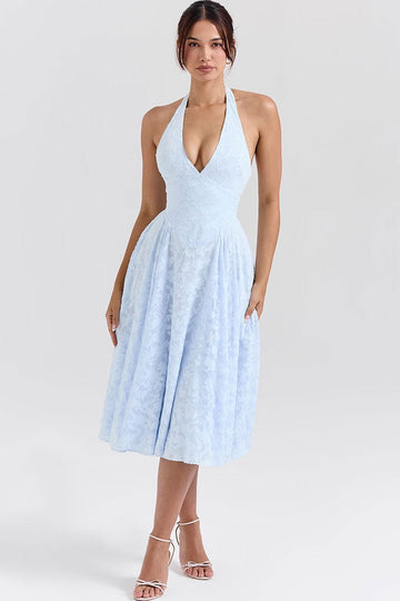 Midikleid im französischen Stil mit tiefem Taillenausschnitt und Jacquard-Muster