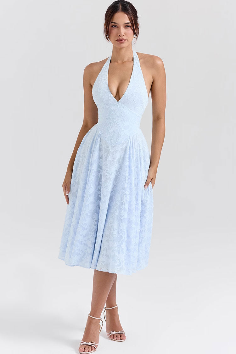 Midikleid im französischen Stil mit tiefem Taillenausschnitt und Jacquard-Muster