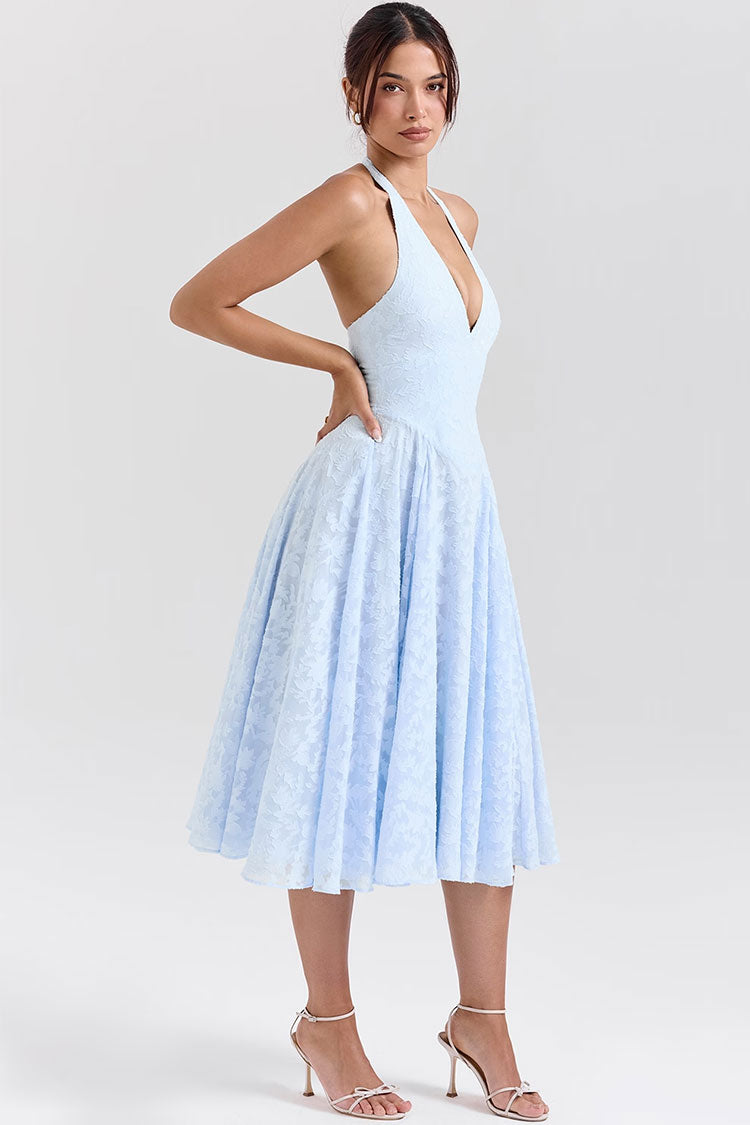 Midikleid im französischen Stil mit tiefem Taillenausschnitt und Jacquard-Muster