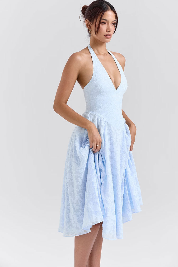 Midikleid im französischen Stil mit tiefem Taillenausschnitt und Jacquard-Muster