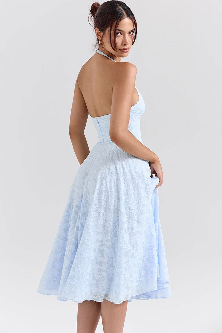 Midikleid im französischen Stil mit tiefem Taillenausschnitt und Jacquard-Muster
