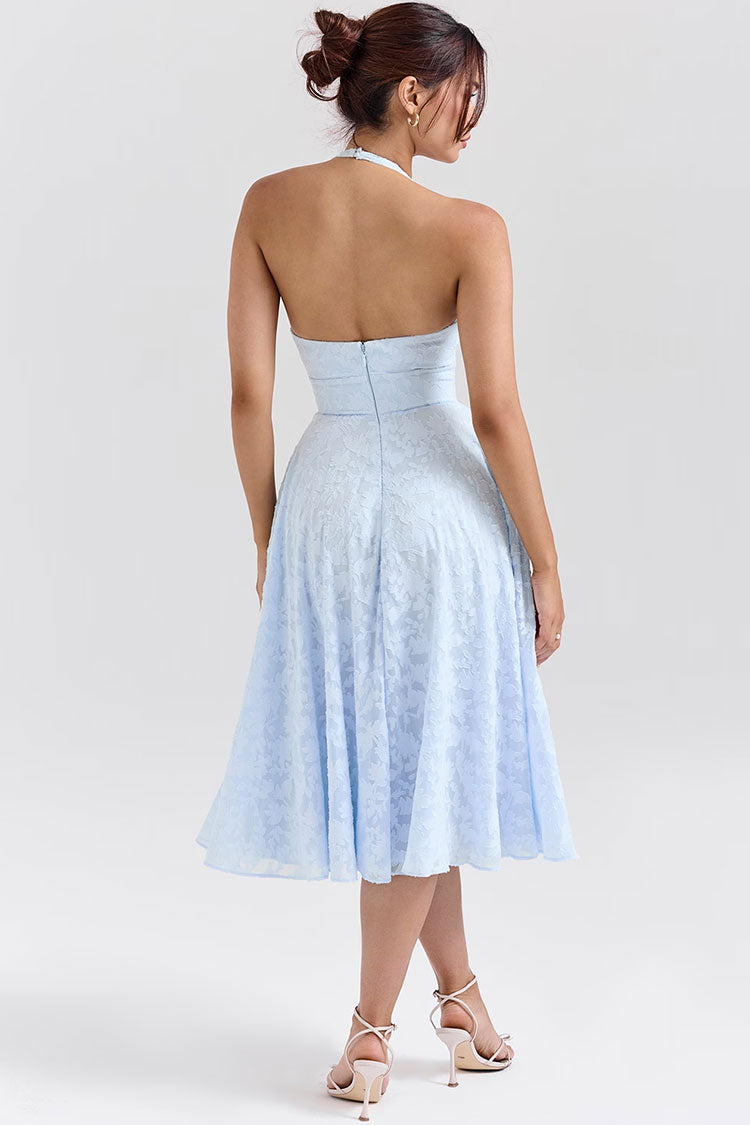 Midikleid im französischen Stil mit tiefem Taillenausschnitt und Jacquard-Muster