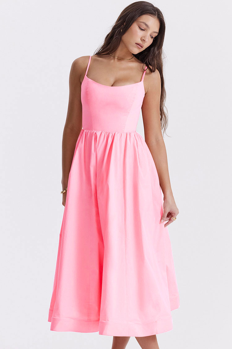 Fresh Strappy Midi Dress with Pockets - Pink