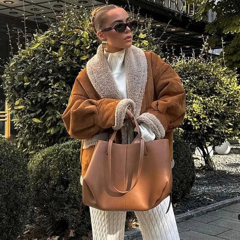 Kürklü Kahverengi Oversize Mont