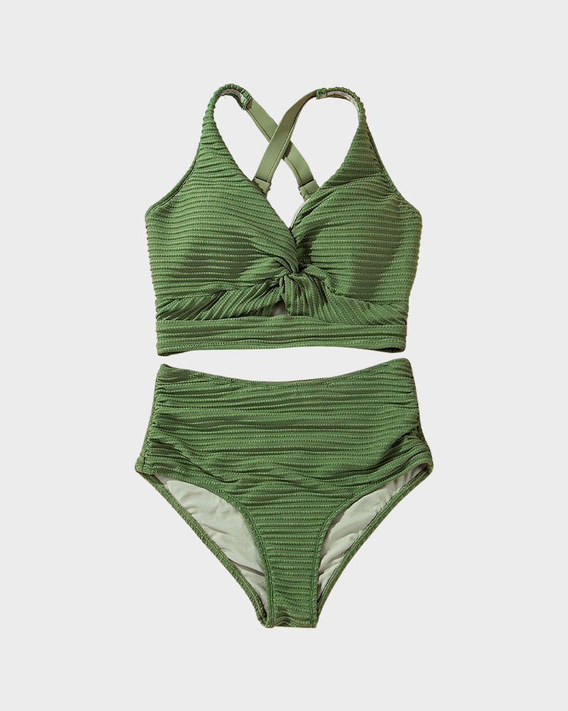 Dokulu Düğümlü Ön Yüksek Belli Bikini Takımı