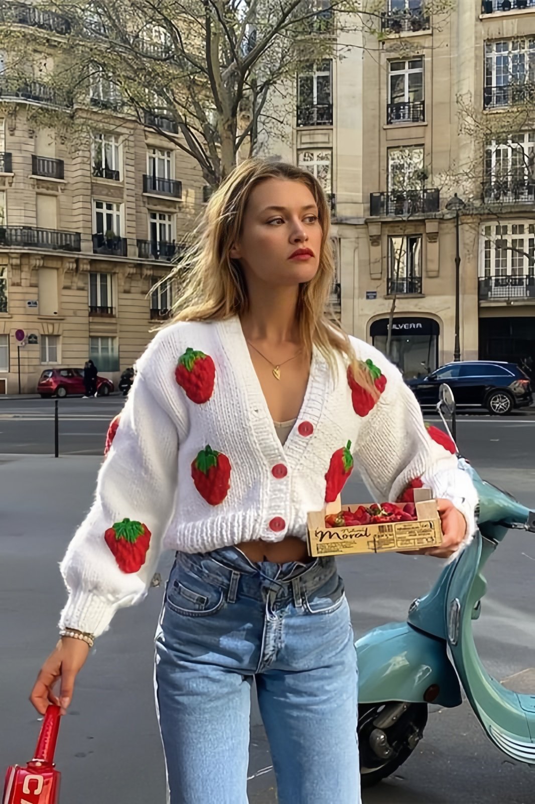 Hanna Strawberry Knitted Sweater Cardigan