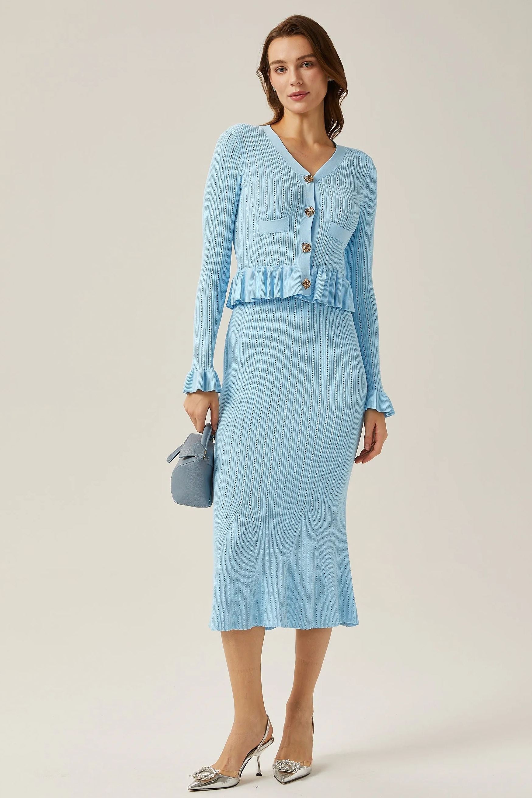 Miriam V-Neck Flared Knit Skirt Set