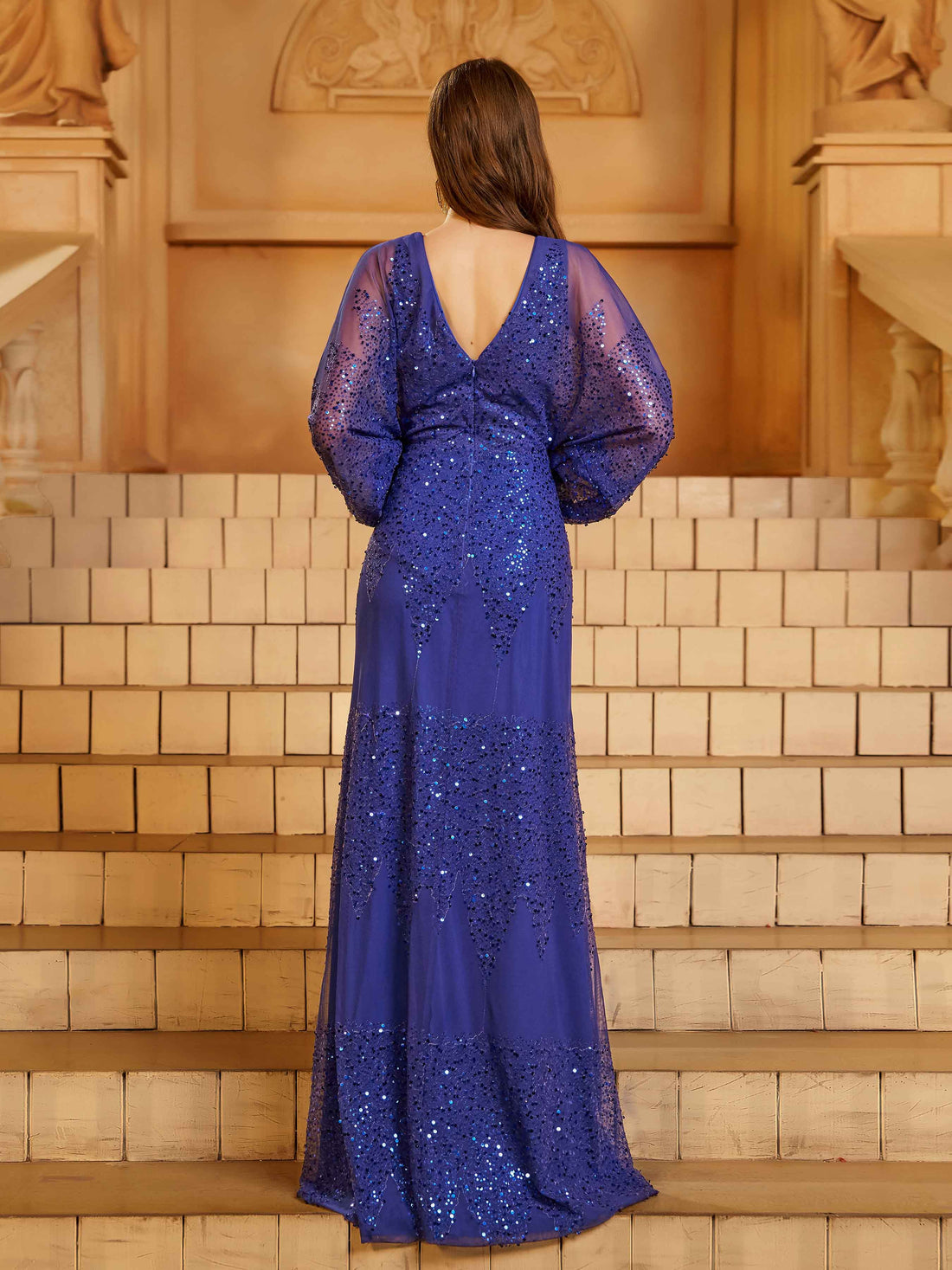 Burgundy A-Line Maxi Dress with Slit - Blue 