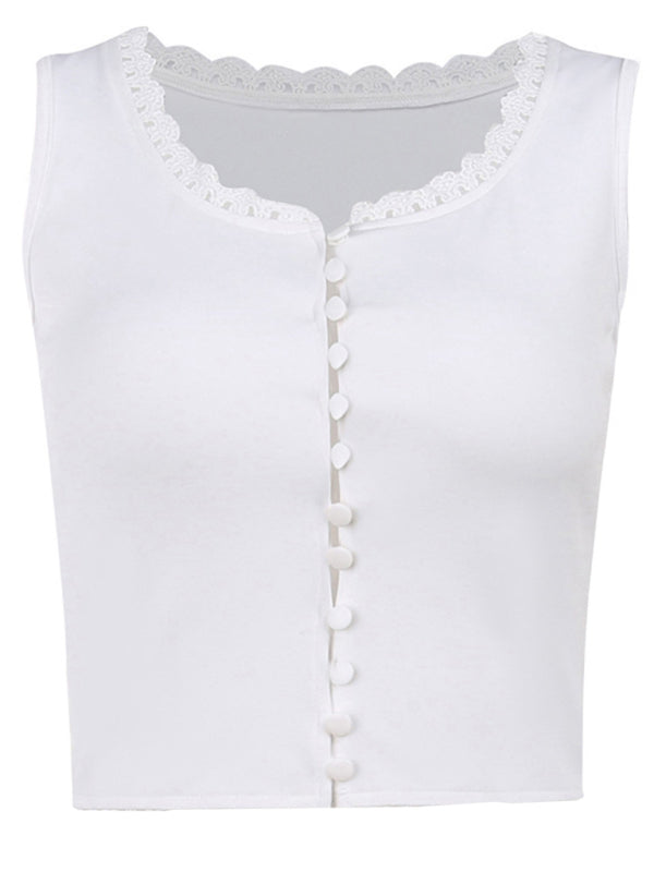 Elegant Sling Lace Plain Buttoned Vest Top