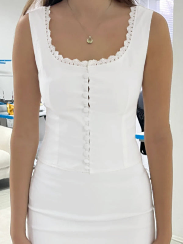 Elegant Sling Lace Plain Buttoned Vest Top