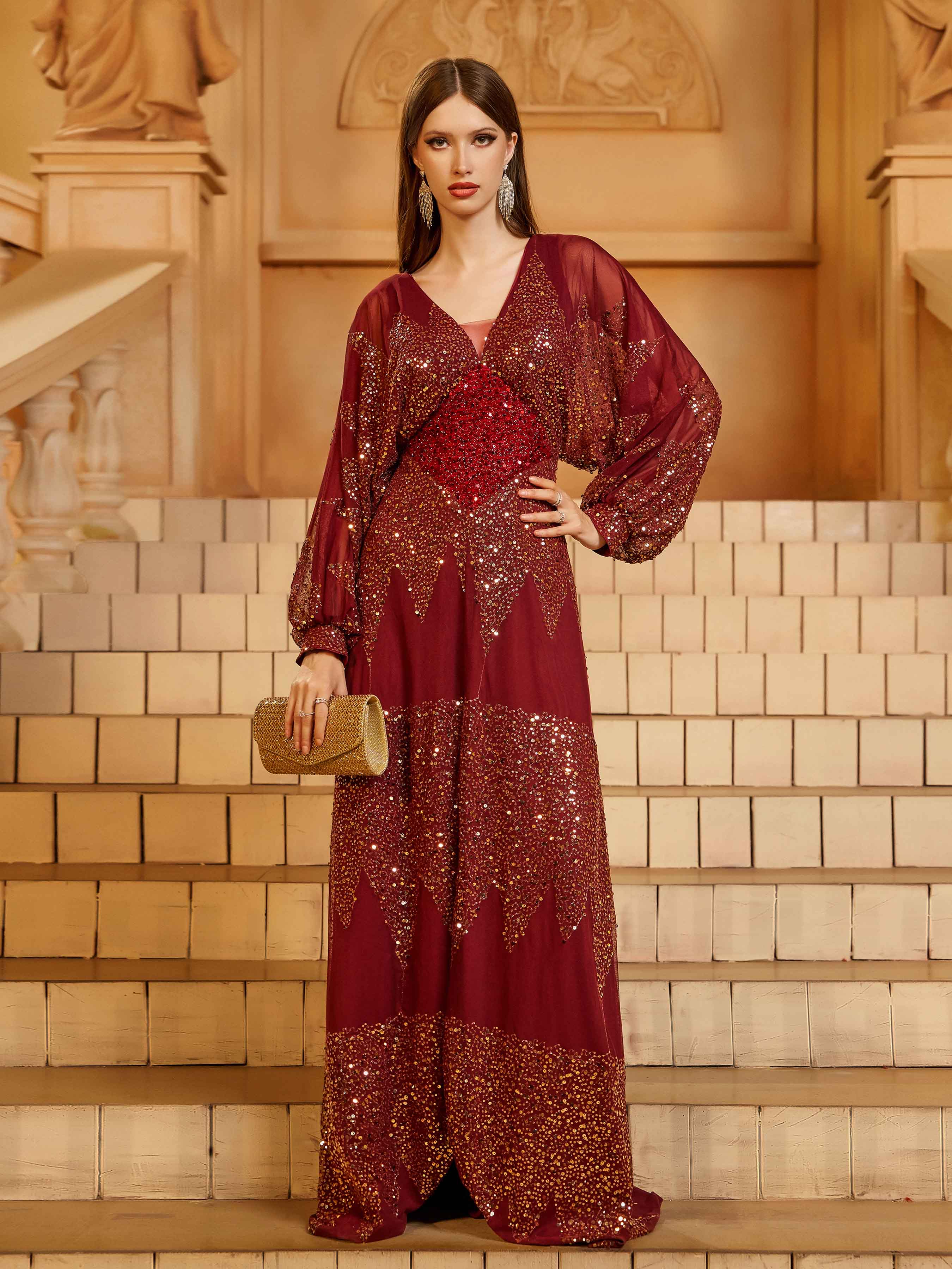 Burgundy A-Line Maxi Dress with Slit - Red 