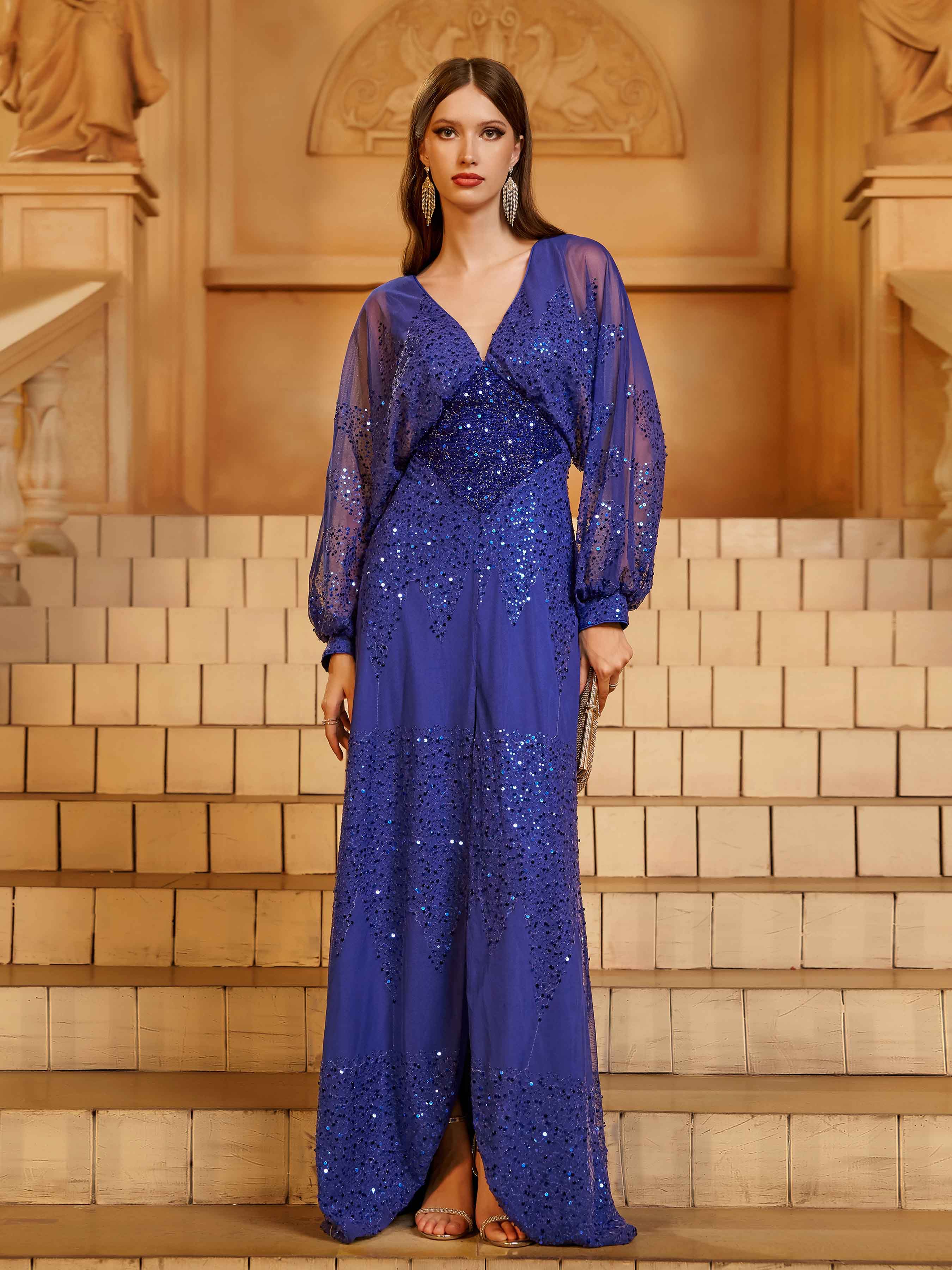 Burgundy A-Line Maxi Dress with Slit - Blue 