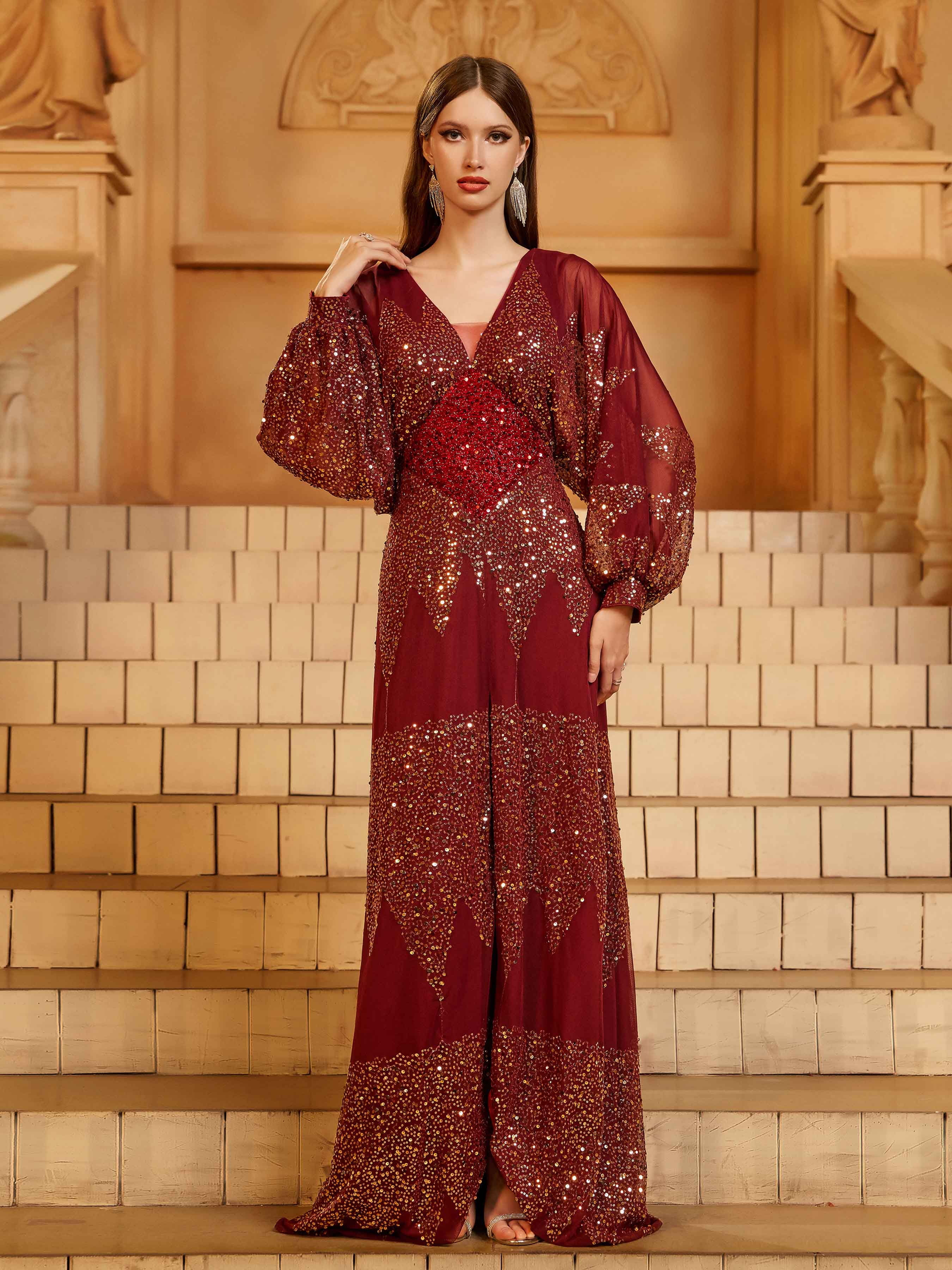 Burgundy A-Line Maxi Dress with Slit - Red 