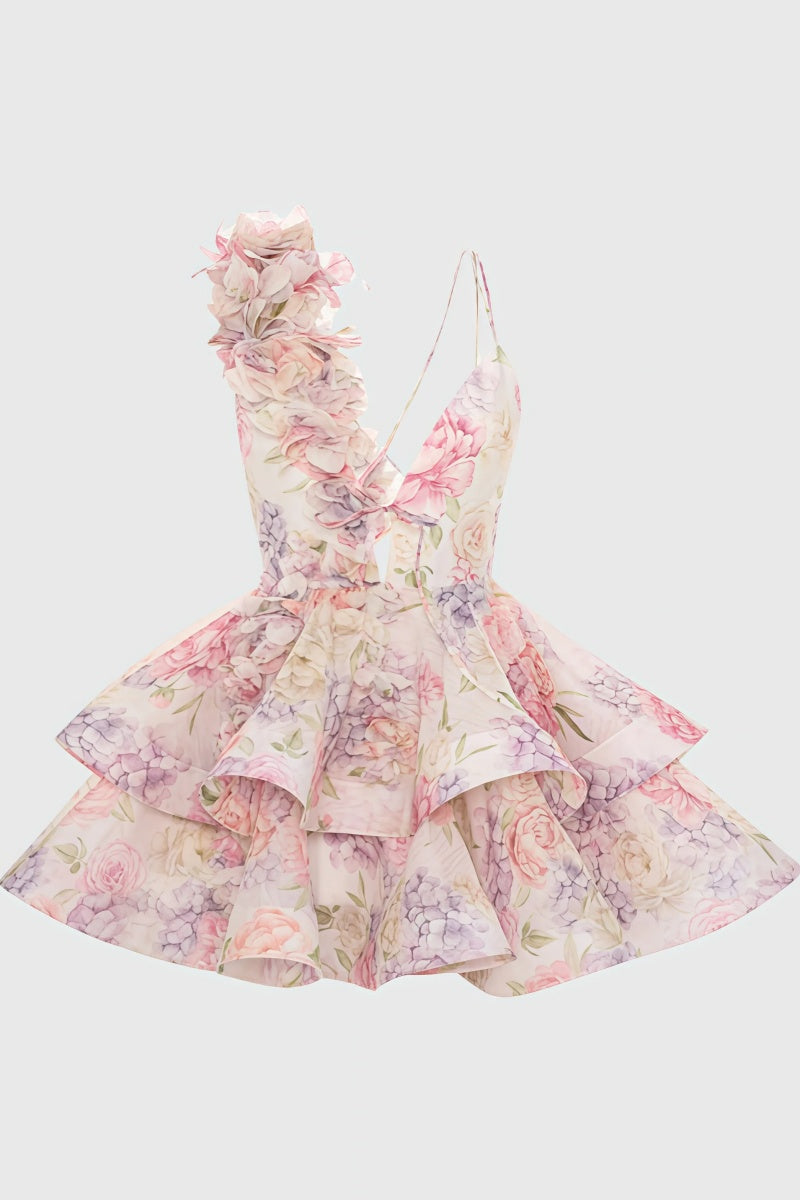 Pembe Sırtı Açık Baskılı Mini Elbise