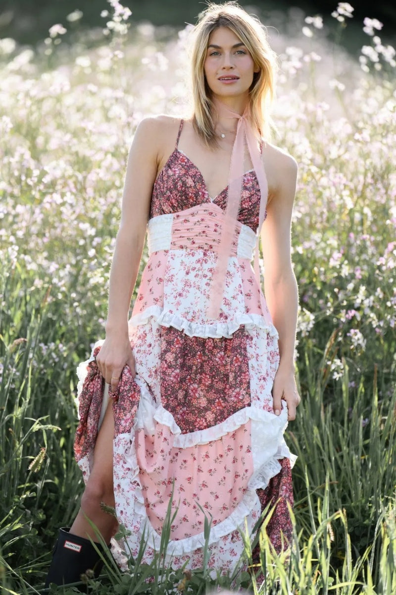 Patchwork Çiçekli Uzun Elbise