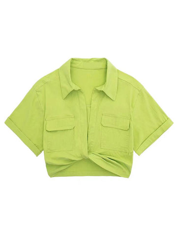 Kay Bükümlü Crop Keten Bluz