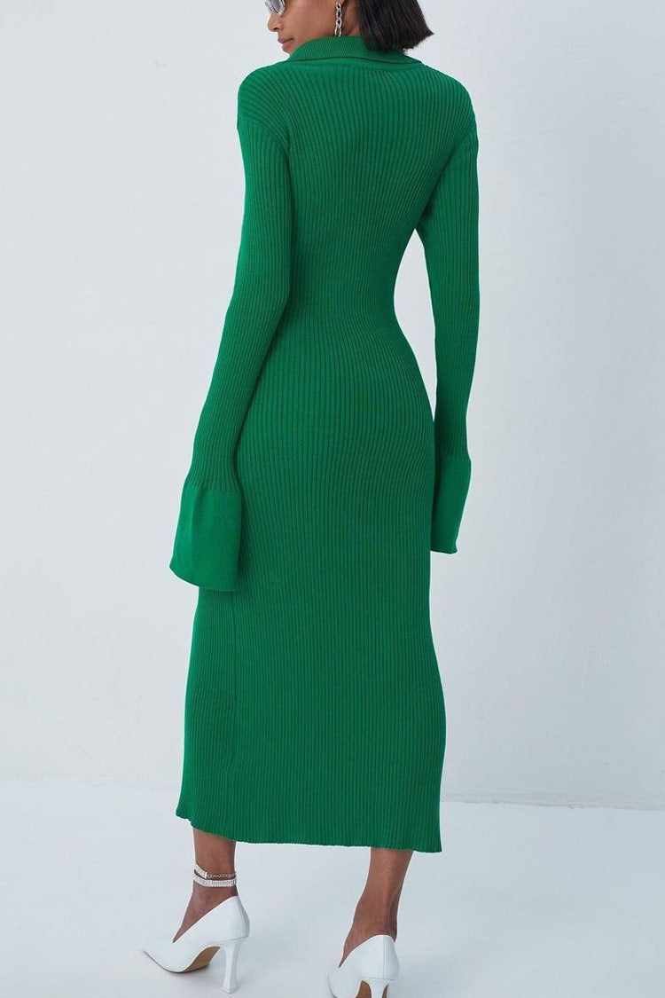 Langärmeliges, geknöpftes Winter-Maxikleid – Smaragdgrün