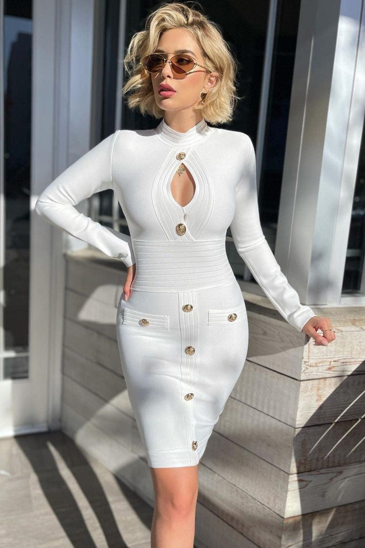 Geknöpftes Midikleid mit Cut-outs und Bandagen-Schnitt vorne – Weiß