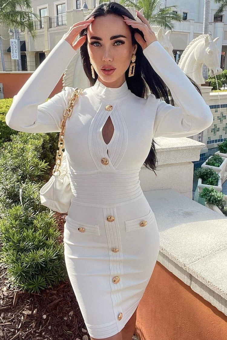 Buttoned Front Cutout Bandage Midi Dress - White