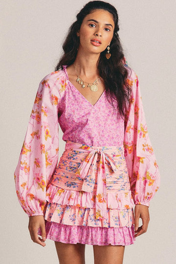 Ruffled Floral Print Mini Dress - Pink