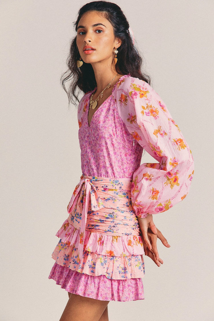 Ruffled Floral Print Mini Dress - Pink