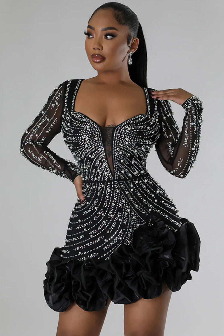 Plunging Beaded Ruffled Bodycon Mini Dress