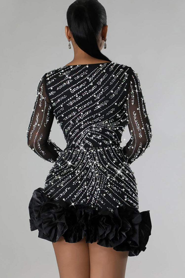 Plunging Beaded Ruffled Bodycon Mini Dress