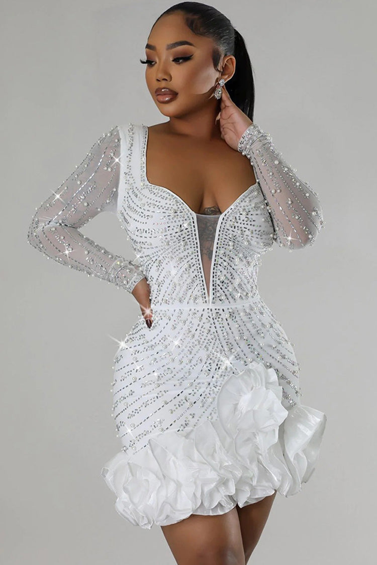 Plunging Beaded Ruffled Bodycon Mini Dress