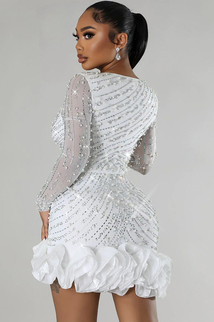 Plunging Beaded Ruffled Bodycon Mini Dress