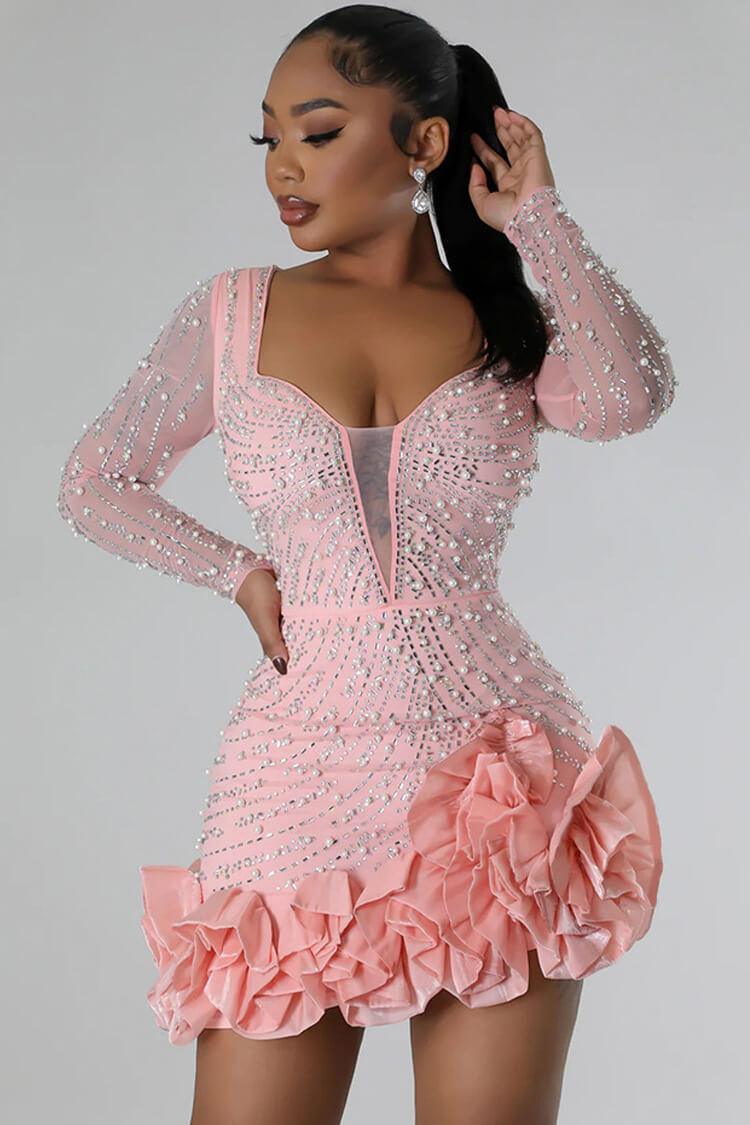 Plunging Beaded Ruffled Bodycon Mini Dress