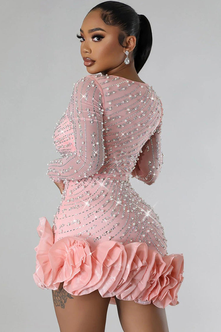 Plunging Beaded Ruffled Bodycon Mini Dress