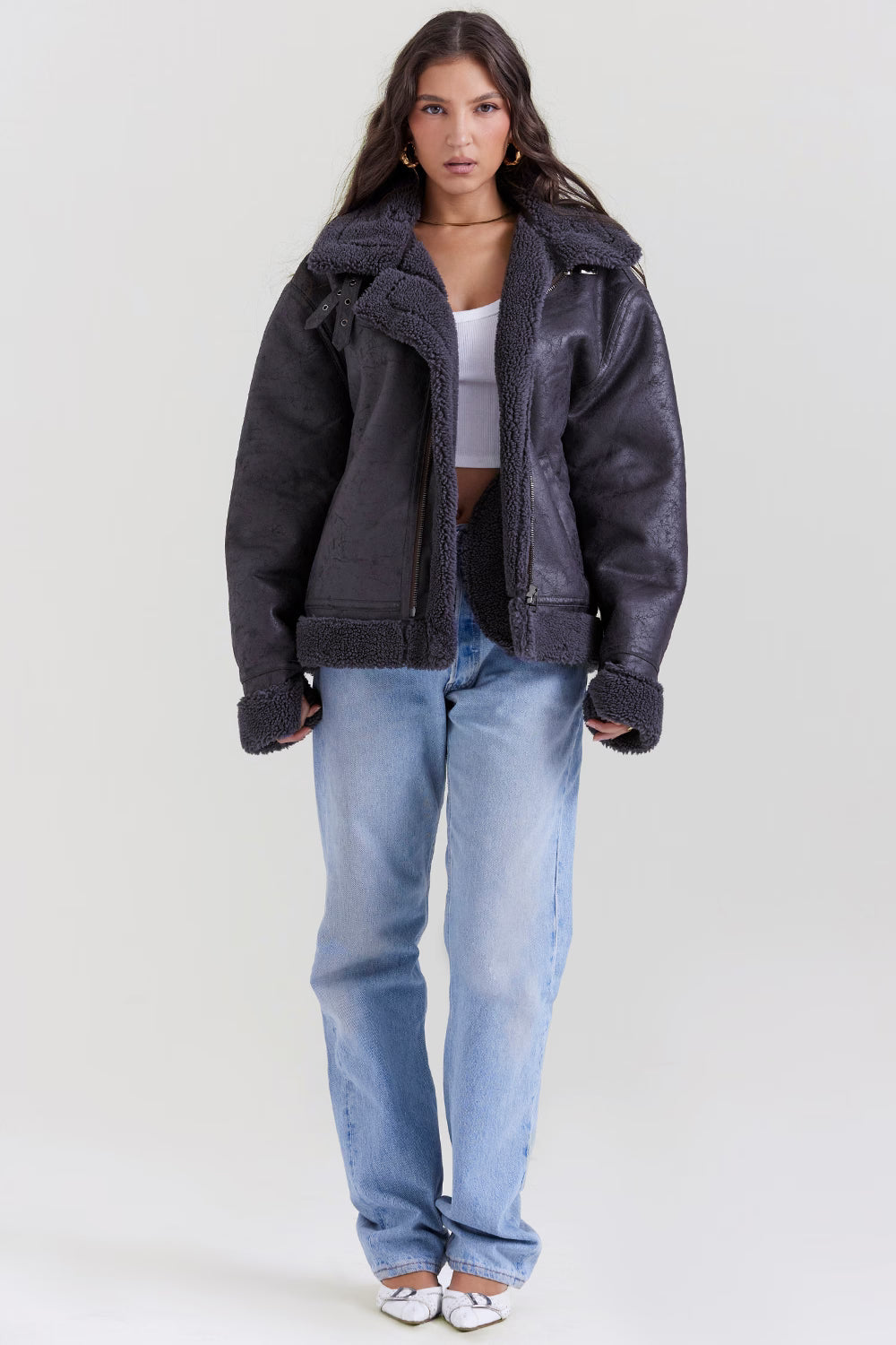 Madden Gri Vegan Shearling Aviator Mont