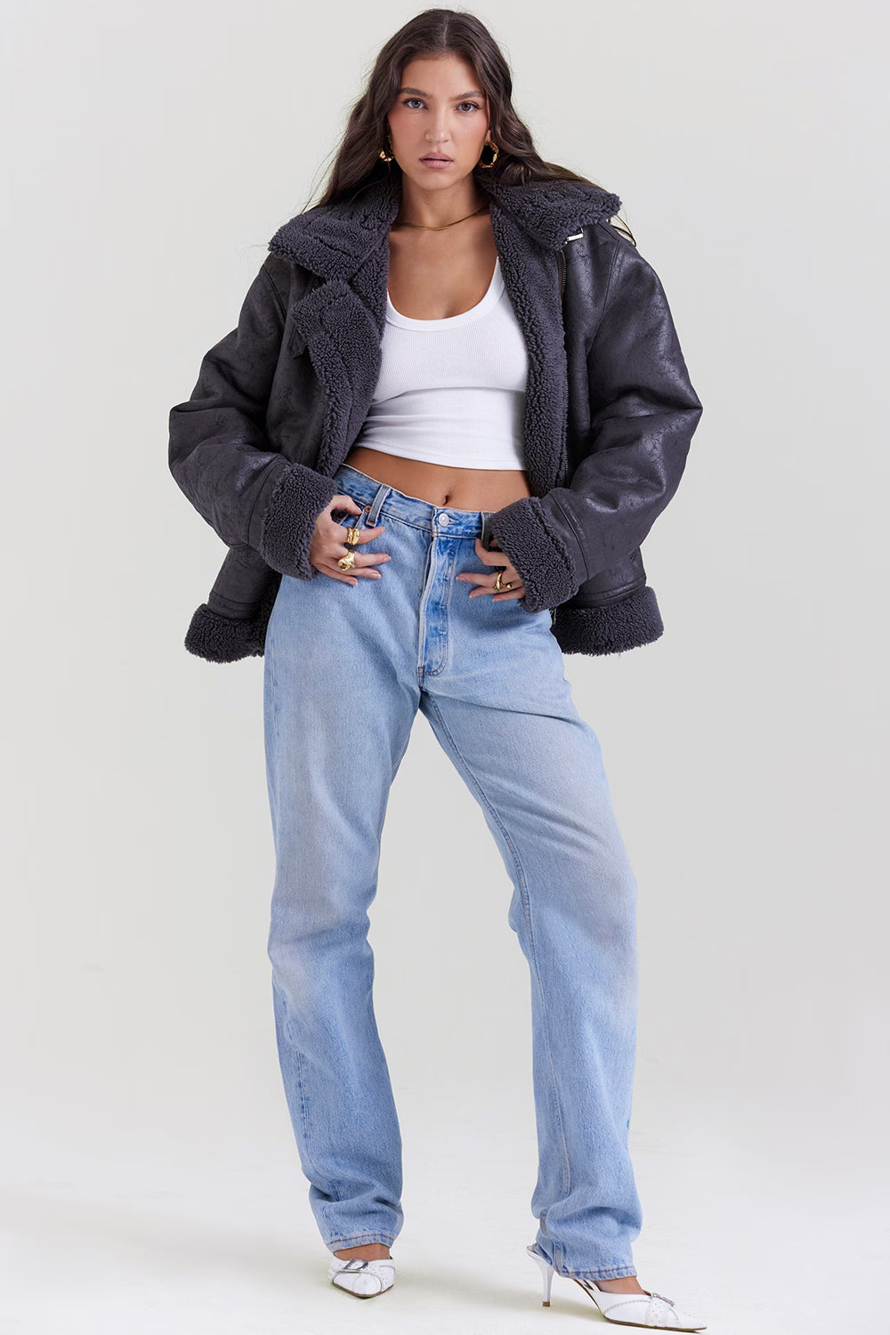 Madden Gri Vegan Shearling Aviator Mont