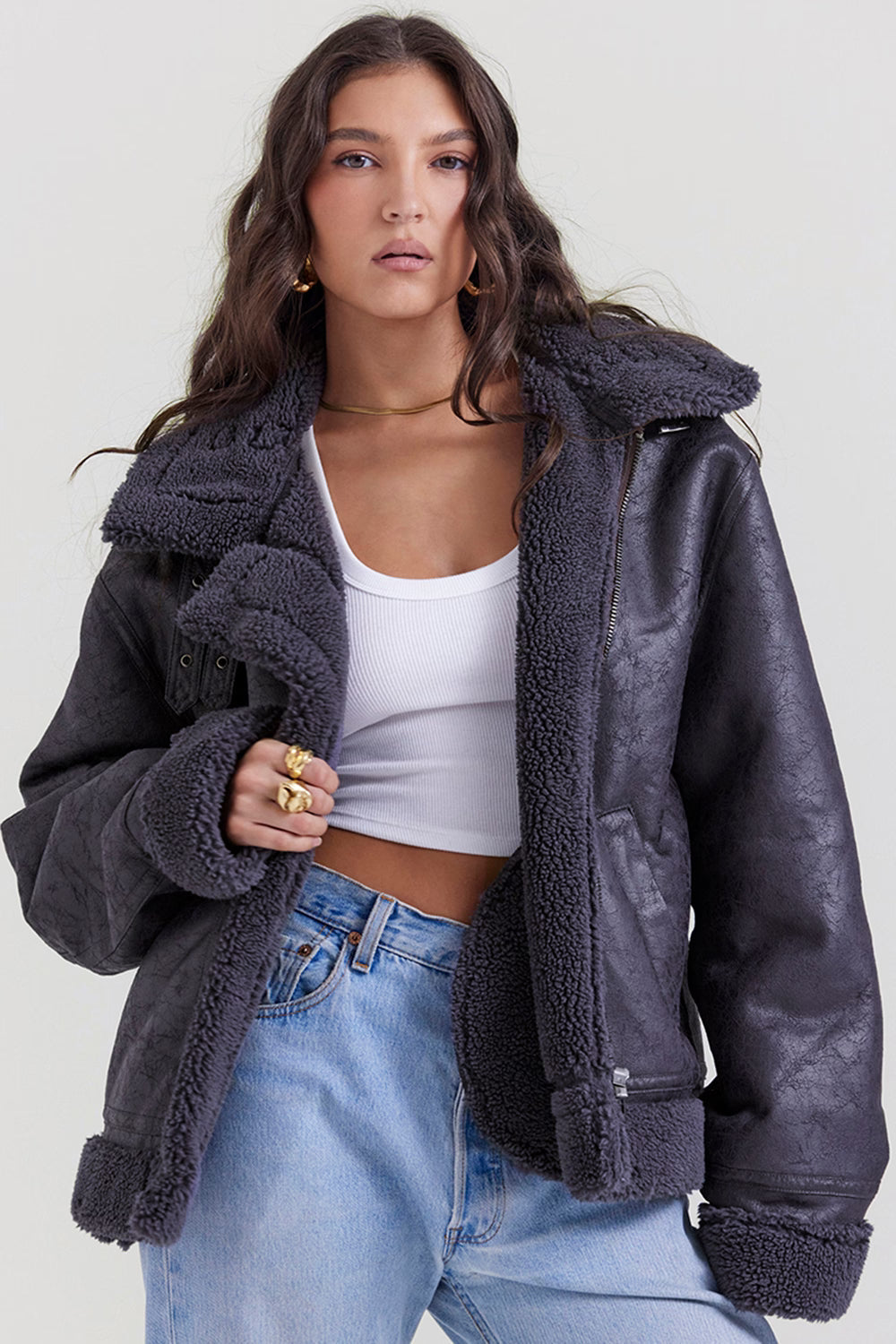 Madden Gri Vegan Shearling Aviator Mont