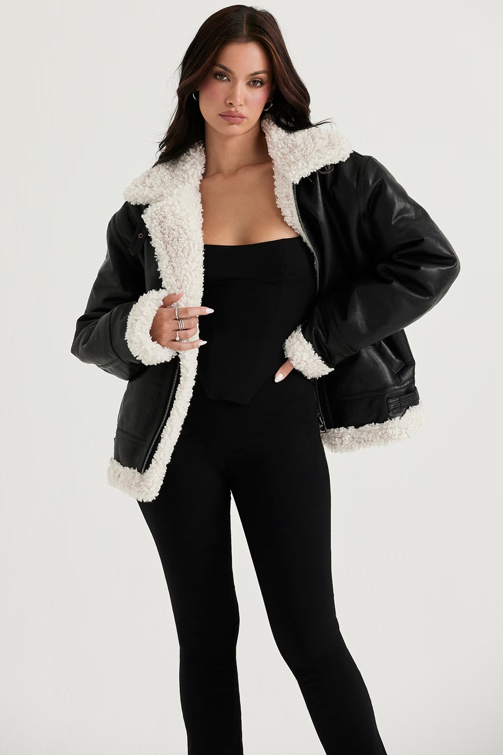 Madden Siyah Vegan Shearling Aviator Mont