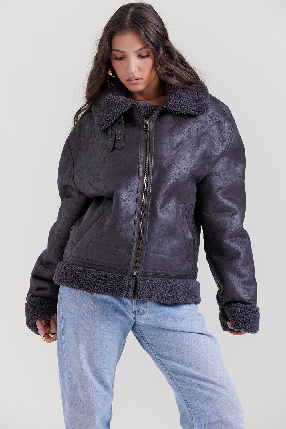 Madden Gri Vegan Shearling Aviator Mont