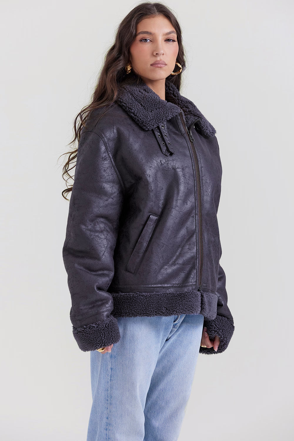 Madden Gri Vegan Shearling Aviator Mont