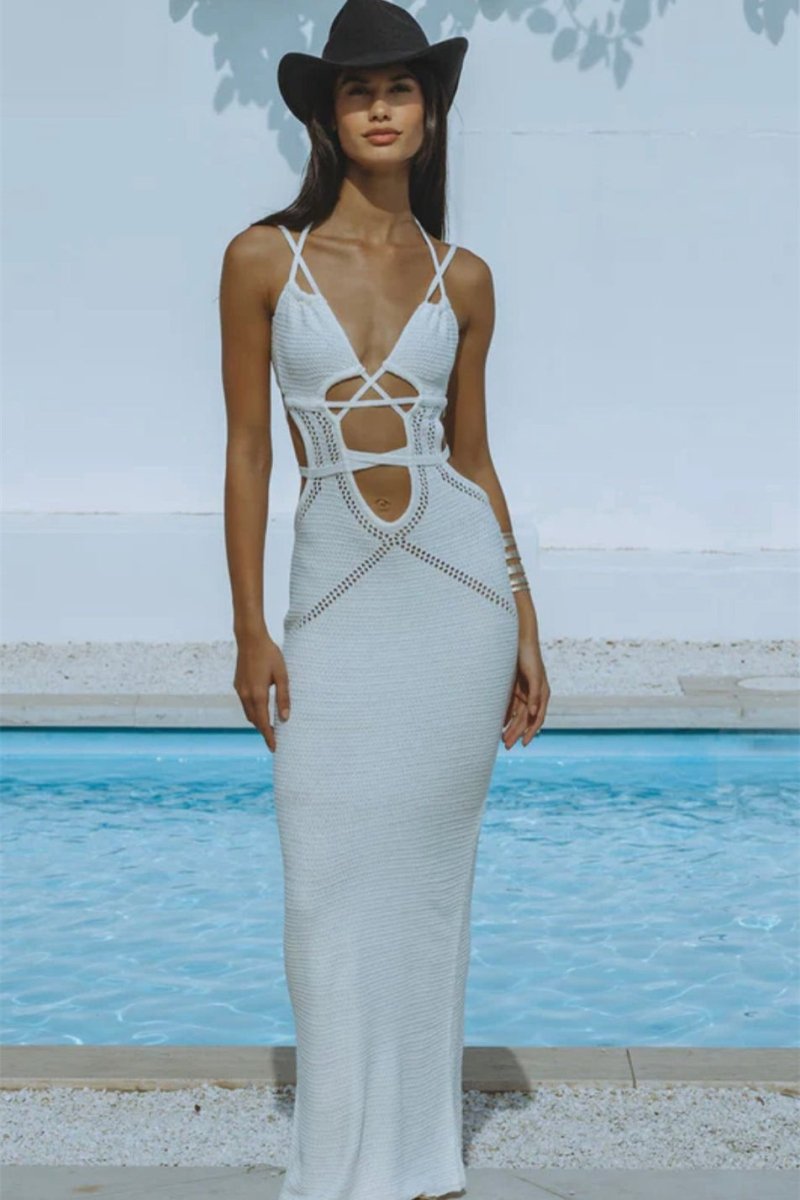 Megan Örme Hollow Out Uzun Elbise