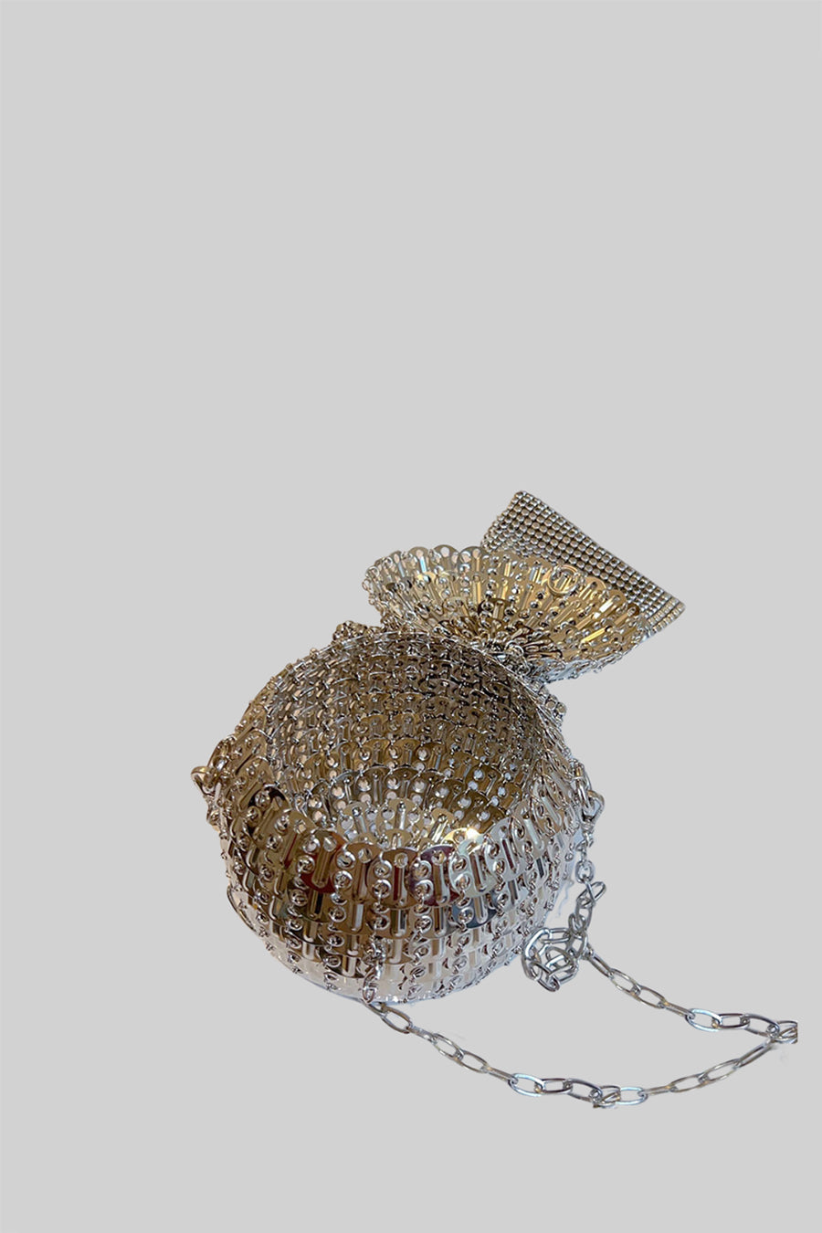 Sphere-Shaped Metallic Handbag with Glittery Embellishments - Silver
