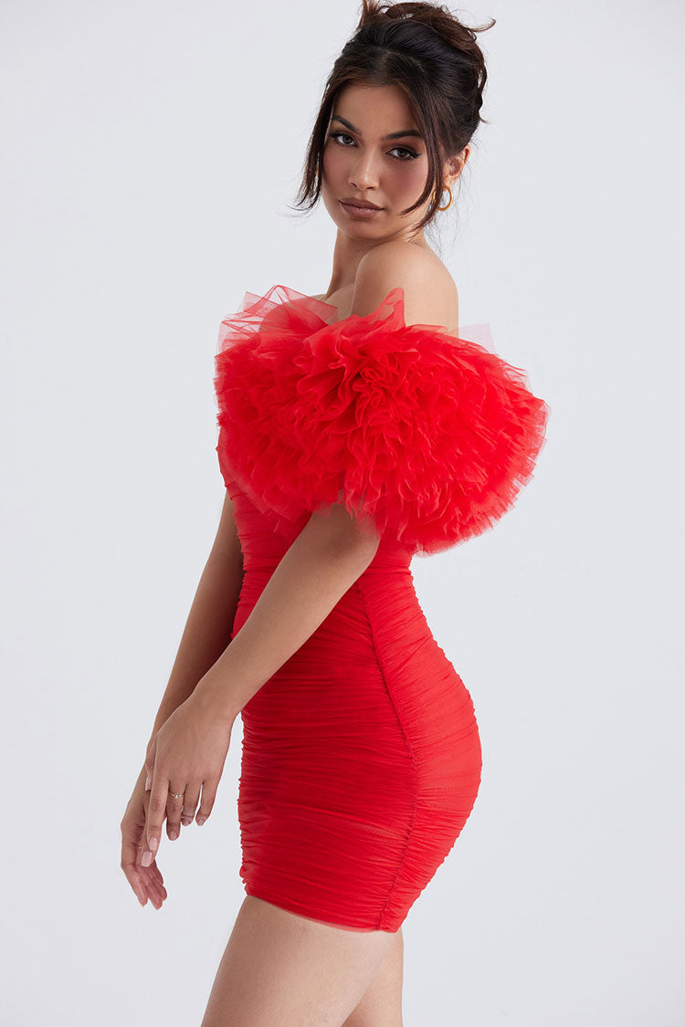 Strapless Lace Mini Dress with Ruffle Sleeves - Red