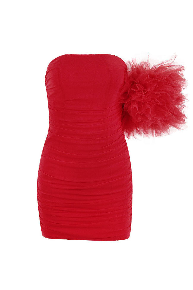 Strapless Lace Mini Dress with Ruffle Sleeves - Red