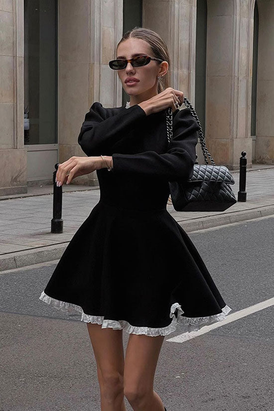 Ruffle Detail Flare Party Mini Dress - Black