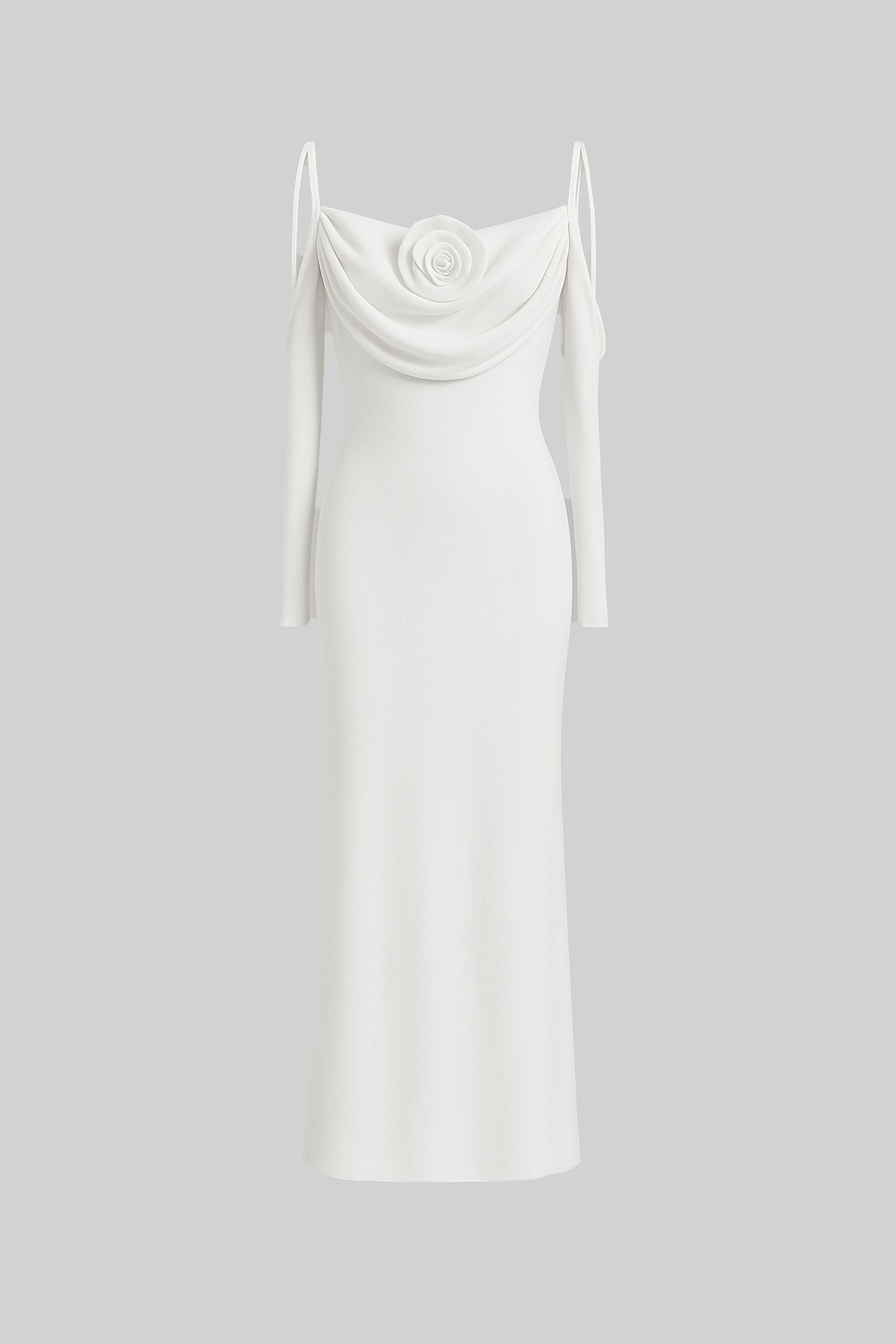 An elegant, flowing white dress with long sleeves, a draped bodice, and a rose embellishment in the center.