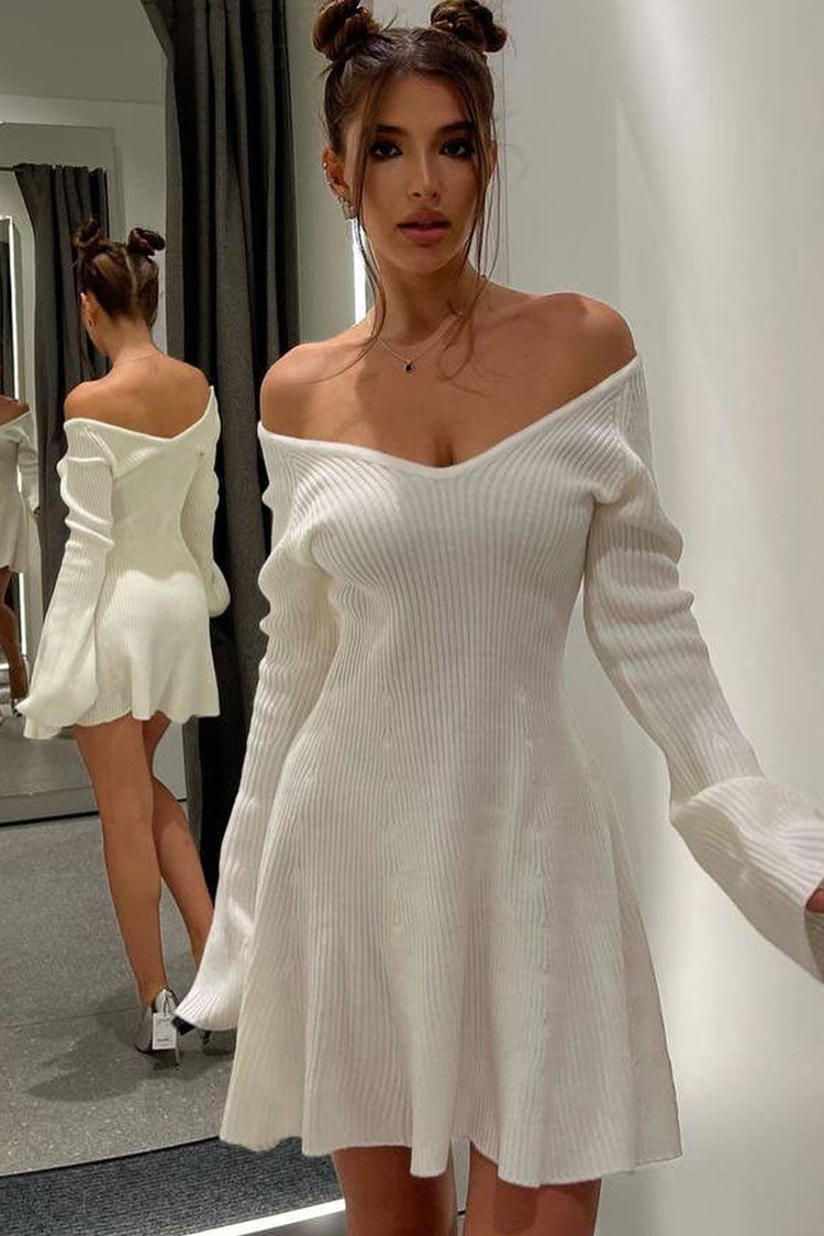 Line Knit Winter Party Mini Dress - White