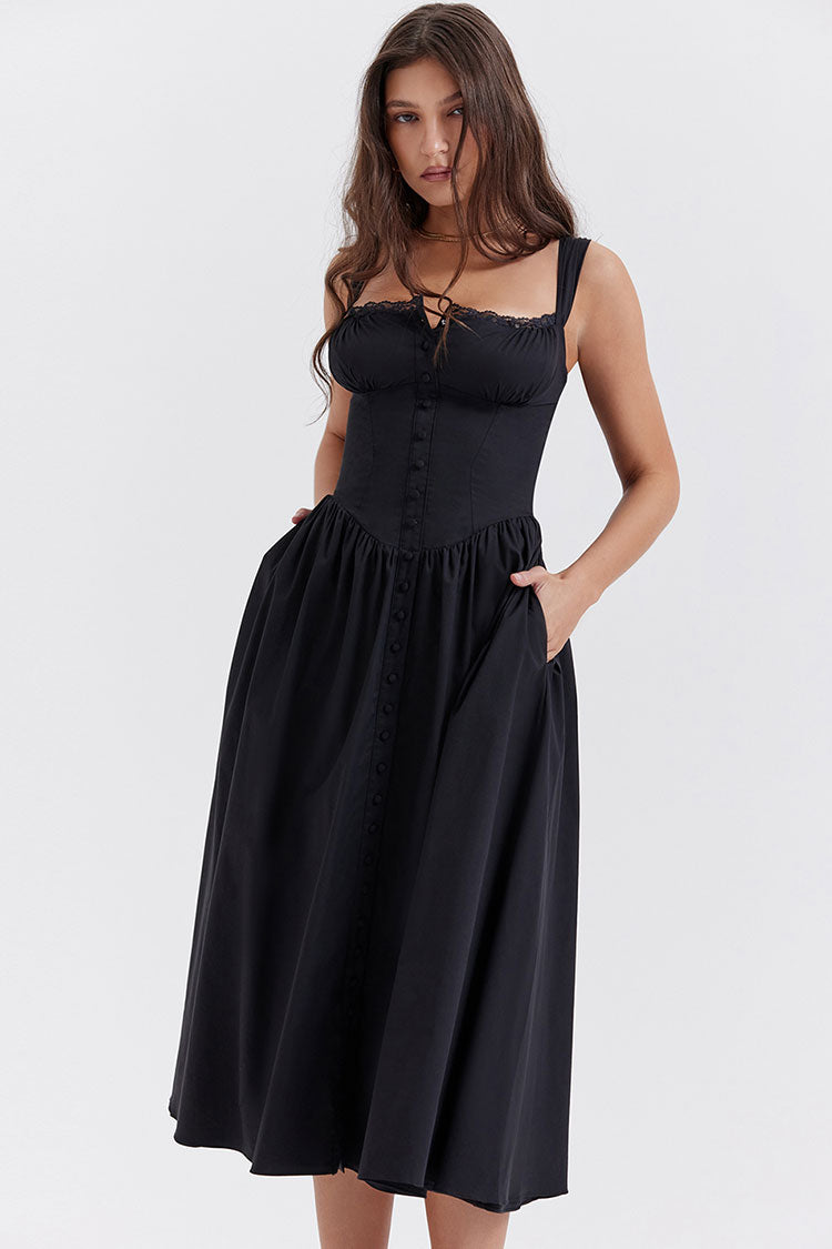 Schwarzes Midikleid mit eckigem Ausschnitt und ausgestelltem Spitzenrand
