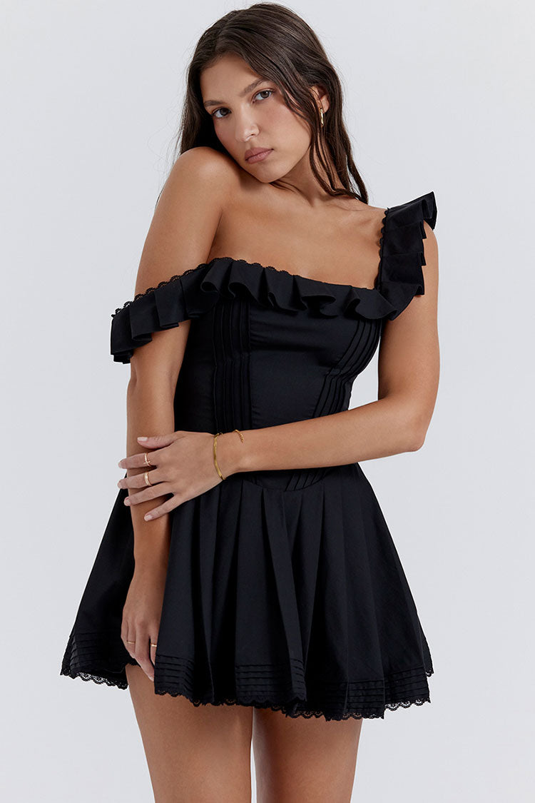 Sexy Minikleid mit Rüschen und eckigem Ausschnitt – Schwarz