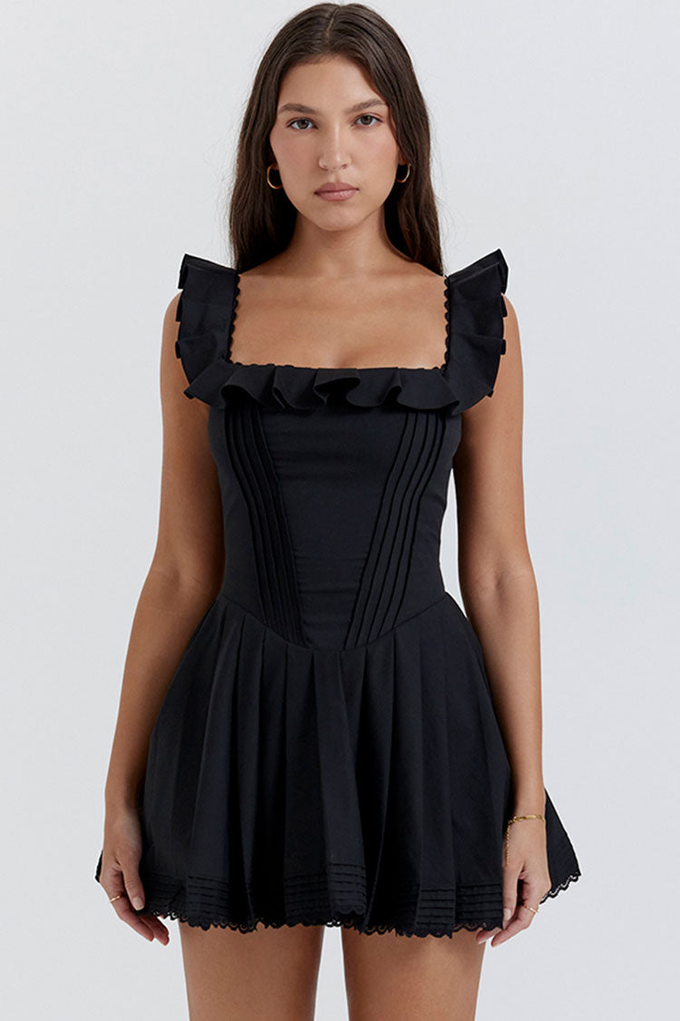 Sexy Minikleid mit Rüschen und eckigem Ausschnitt – Schwarz