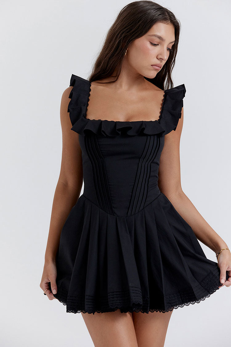 Sexy Minikleid mit Rüschen und eckigem Ausschnitt – Schwarz