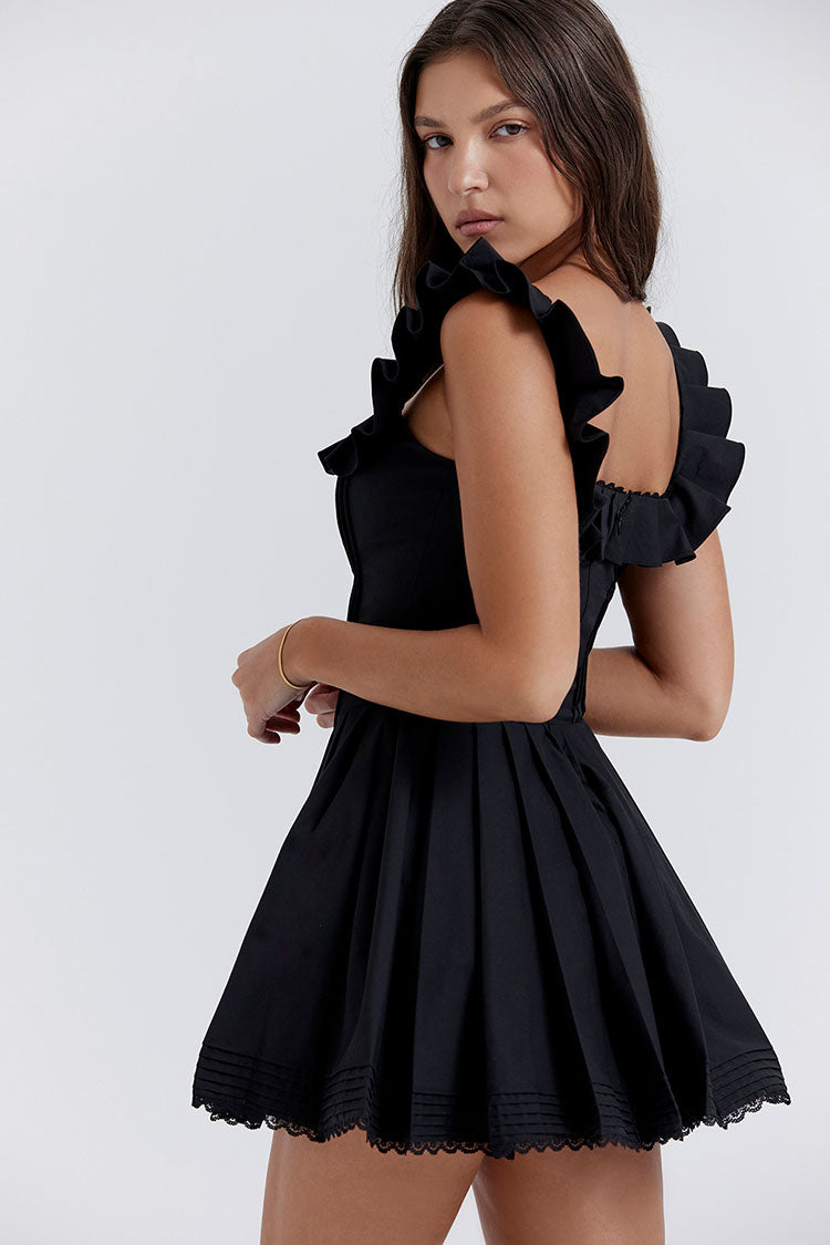 Sexy Minikleid mit Rüschen und eckigem Ausschnitt – Schwarz