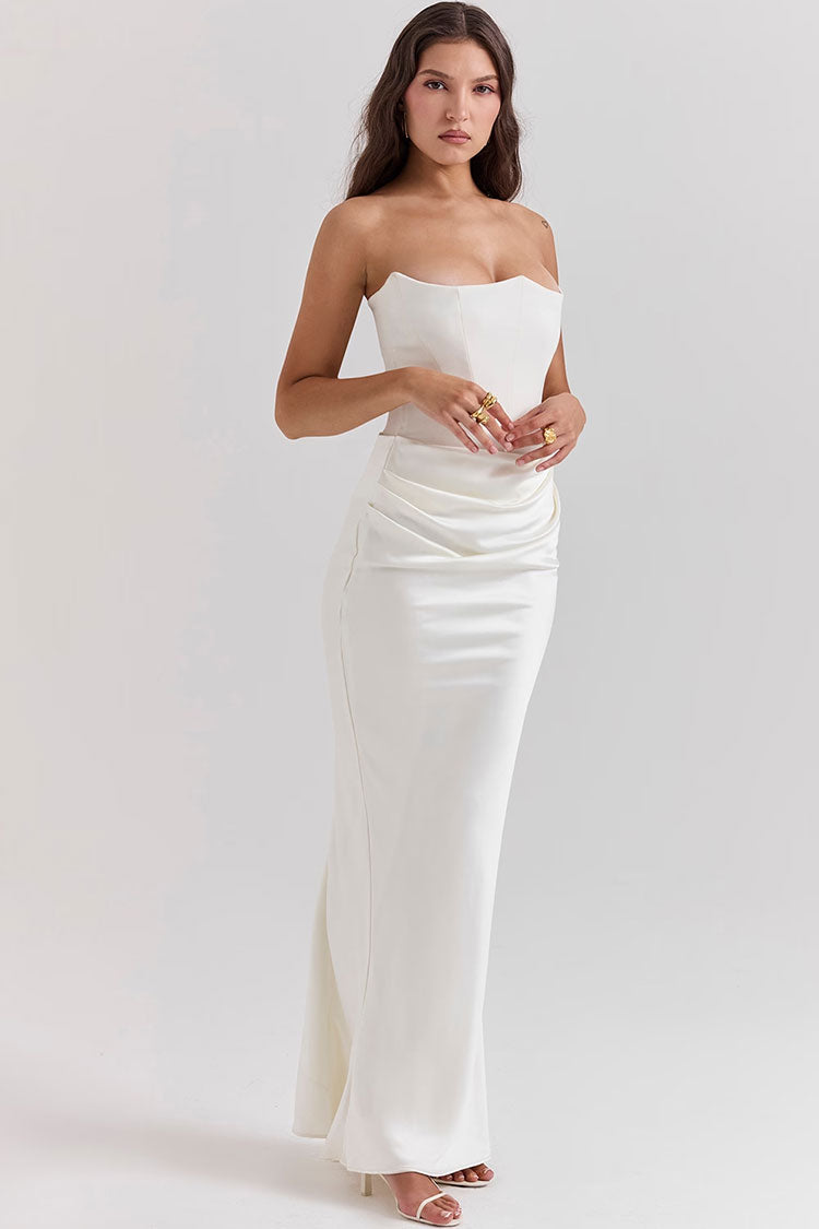 Trägerloses, fließendes Maxikleid aus Satin mit Korsettmuster